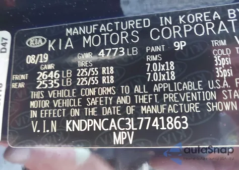 2020 Kia Sportage Ex из США, поврежденный, VIN KNDPNCAC3L7741863